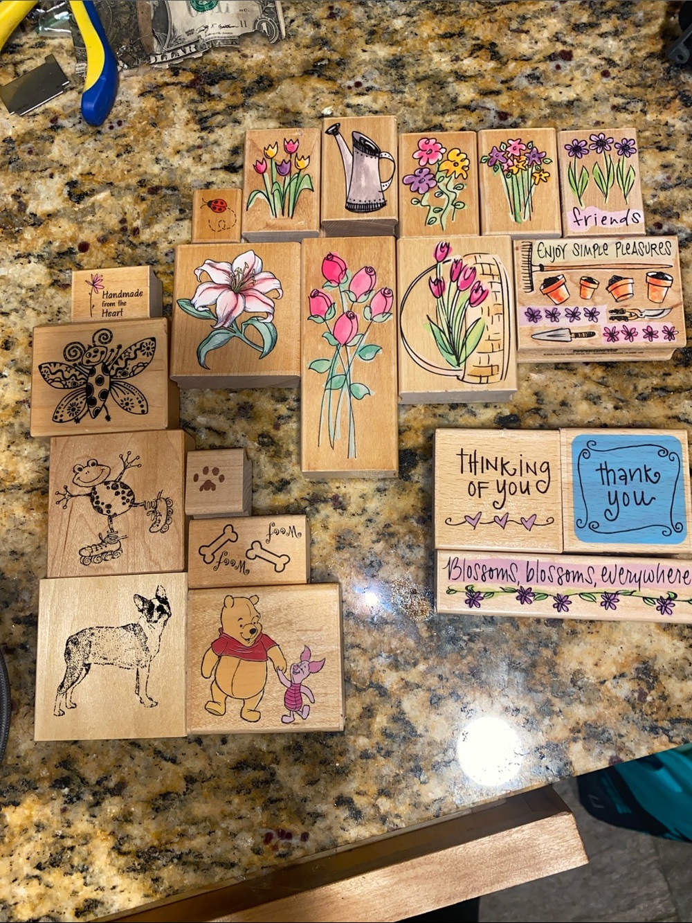 Lot of rubber stamps.  Some new.  Dog, Winnie the Pooh, flowers.